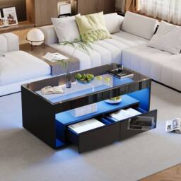 BTM High Gloss LED Coffee Table with Glass Top & 2 Drawers in Black - thumbnail 6