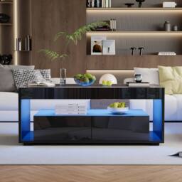 BTM High Gloss LED Coffee Table with Glass Top & 2 Drawers in Black - thumbnail 4