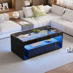 BTM High Gloss LED Coffee Table with Glass Top & 2 Drawers in Black - thumbnail 5