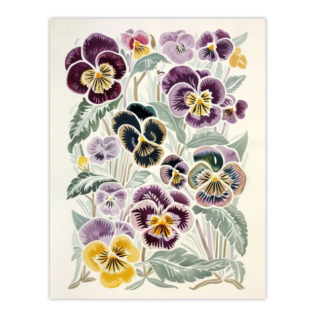 "Artery8 Floral Purple Yellow Pansies Wildflower Painting Wall Art Print - Size: W24"" x H32""" - image 1
