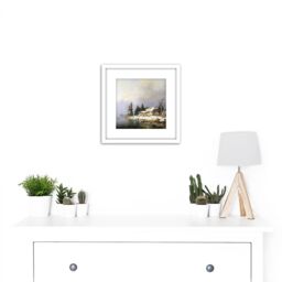 Artery8 Pernhardt Farm On Wintry Lake Painting 8X8 Inch Square Wooden Framed Wall Art Print Picture with Mount in White - thumbnail 2