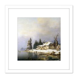 Artery8 Pernhardt Farm On Wintry Lake Painting 8X8 Inch Square Wooden Framed Wall Art Print Picture with Mount in White - thumbnail 1