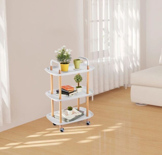 EONLION 3 Tier Beech Wood & Plastic Serving Storage Trolley Food Drinks Cart on Wheels in White - image 1