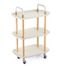EONLION 3 Tier Beech Wood & Plastic Serving Storage Trolley Food Drinks Cart on Wheels in White - thumbnail 2