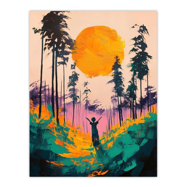 "Artery8 Sunrise Joy Abstract Forest Landscape Painting Wall Art Print in Pink - Size: W24"" x H32""" - image 1