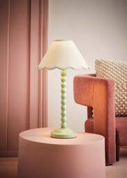 ValueLights Bobbins Sage Green Table Lamp with Tapered Natural Linen Scallop Shade in Pale Green