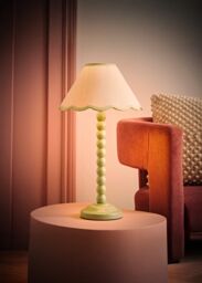 ValueLights Bobbins Sage Green Table Lamp with Tapered Natural Linen Scallop Shade in Pale Green - thumbnail 2