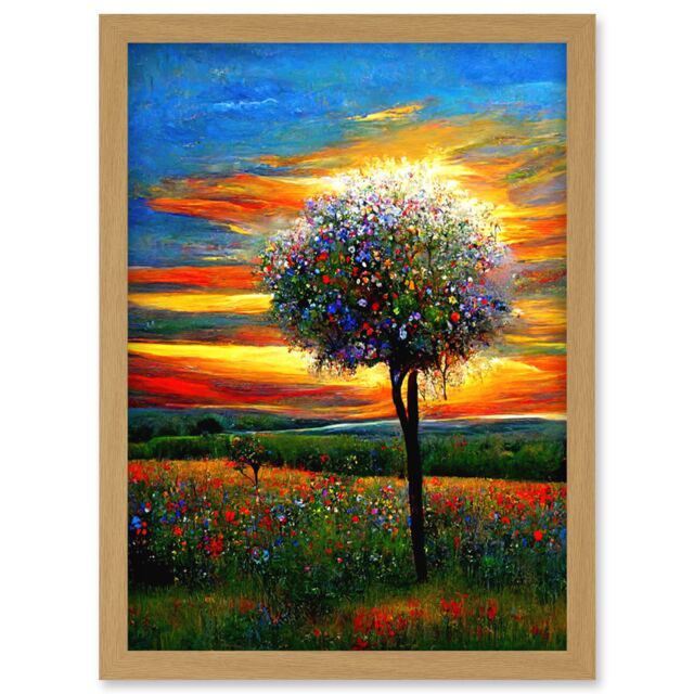 Artery8 The Wildflower Tree Summer Meadow Oil Painting Artwork Framed Wall Art Print A4 in Light Oak - image 1
