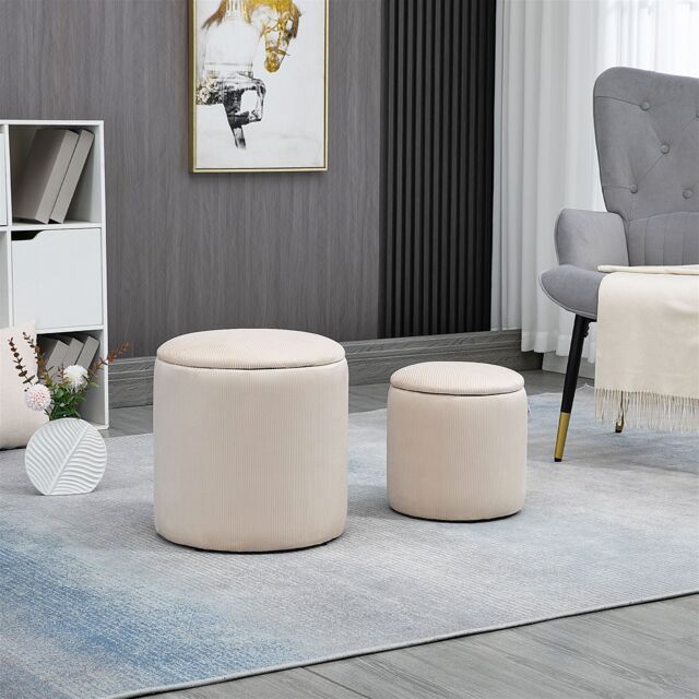 HOMCOM Modern Fabric Storage Ottoman with Removable Lid, Set of 2 in Cream - image 1