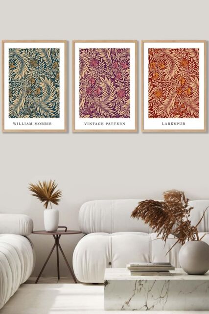 ARTZE Set of 3 Oak Framed William Morris Vintage Larkspur Autumn Colours Wall Art - Size: W33 cm x H45 cm x D20mm - image 1