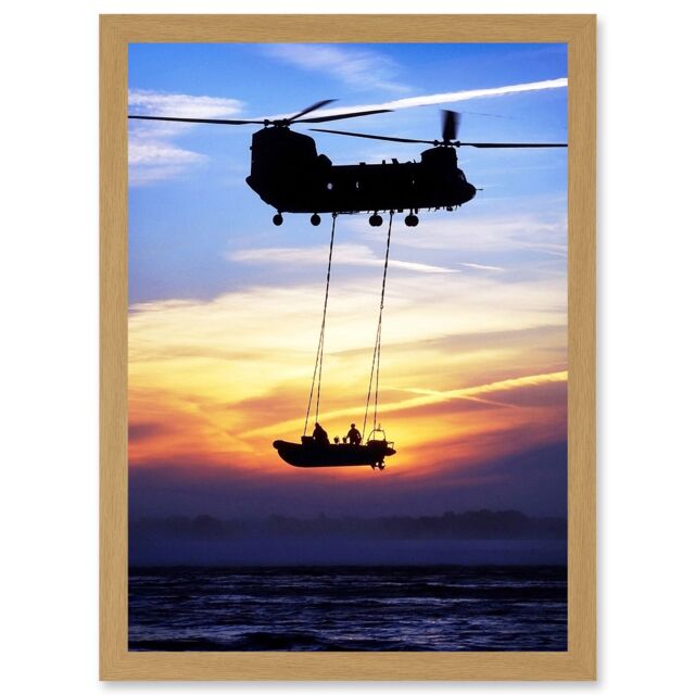 Artery8 Military UK British Chinook Helicopter Royal Marines Artwork Framed Wall Art Print A4 in Light Oak - image 1