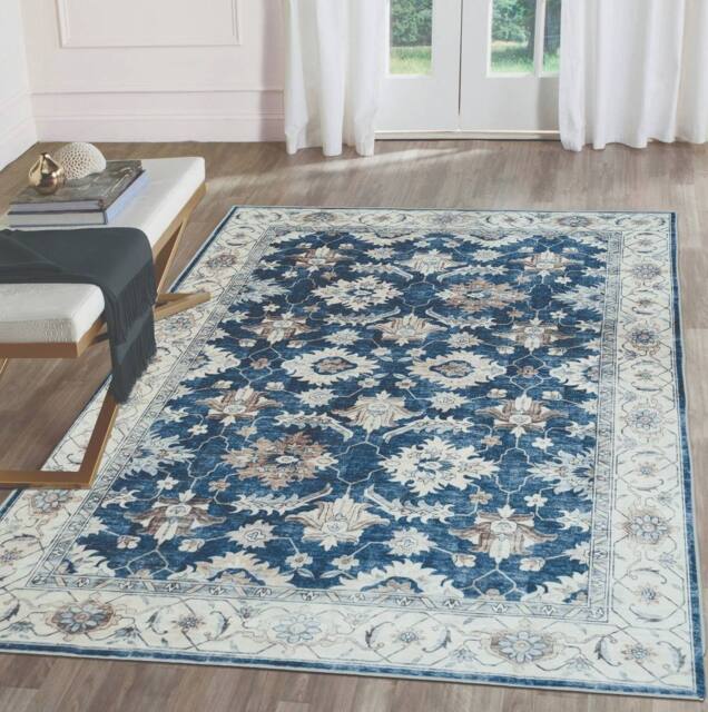 The Rug Shop UK Blue Bordered Floral 7mm Thick Stain-Resistant Traditional Rug - Size: 120 cm x 160 cm - image 1