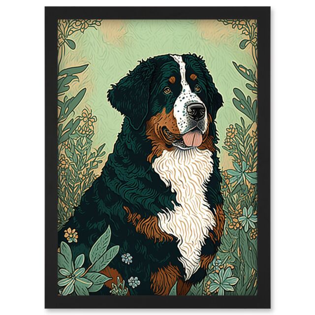 Artery8 Bernese Mountain Dog in Wildflower Field Modern Illustration Artwork Framed Wall Art Print A4 in Black - image 1