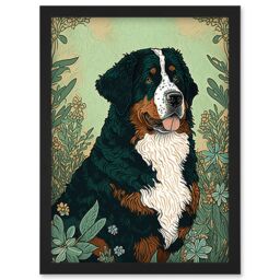 Artery8 Bernese Mountain Dog in Wildflower Field Modern Illustration Artwork Framed Wall Art Print A4 in Black - thumbnail 1