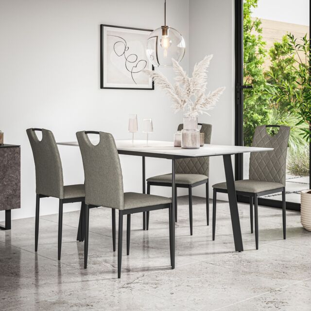 More4Homes Haydon Extending Dining Table & Chairs- White Marble Effect Table Top w Black Legs + Monza Linen Dining Chair Set Of 4 in Grey - image 1