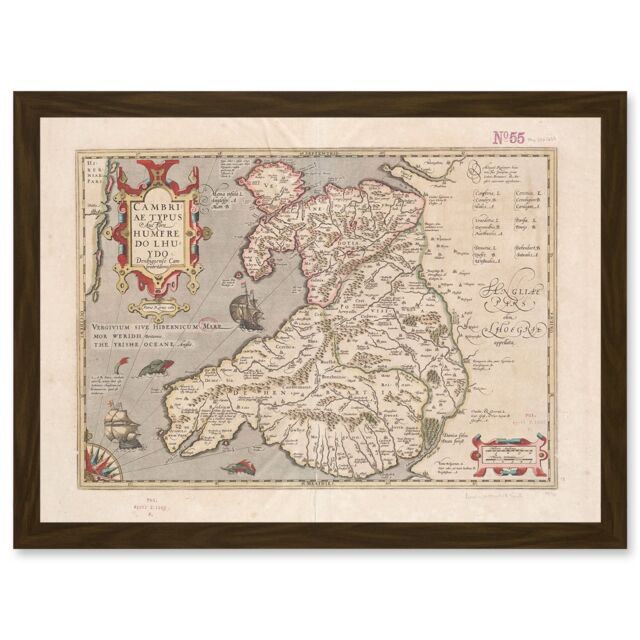 Artery8 Hondius 1633 Welsh Latin Early Map Wales Cymru Artwork Framed Wall Art Print A4 in Brown - image 1