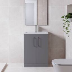 Balterley Bathroom Vanity Basin Unit, Black Handles, 600mm, Satin Grey - thumbnail 2