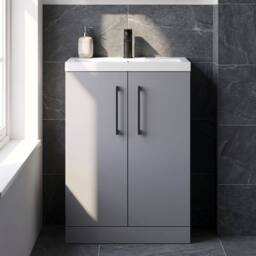 Balterley Bathroom Vanity Basin Unit, Black Handles, 600mm, Satin Grey - thumbnail 5
