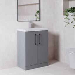 Balterley Bathroom Vanity Basin Unit, Black Handles, 600mm, Satin Grey - thumbnail 4