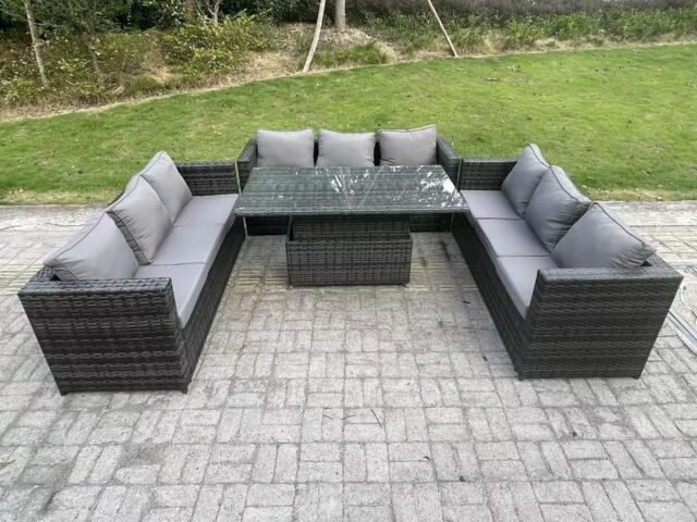 Fimous 9 Seater Outdoor Garden Furniture Rattan Sofa Set Adjustable Rising Lifting Dining Table Dark Grey - image 1