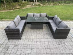 Fimous 9 Seater Outdoor Garden Furniture Rattan Sofa Set Adjustable Rising Lifting Dining Table Dark Grey - thumbnail 2