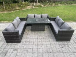 Fimous 9 Seater Outdoor Garden Furniture Rattan Sofa Set Adjustable Rising Lifting Dining Table Dark Grey - thumbnail 1