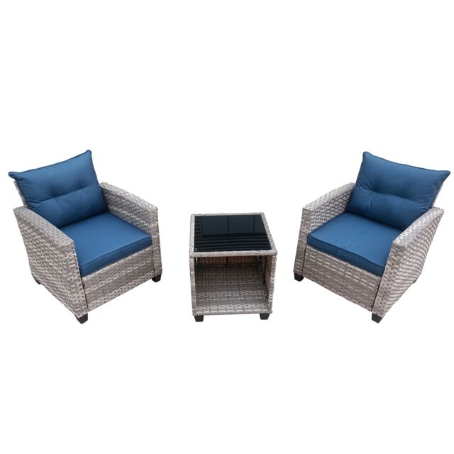 FURNITURE ONE 3 Pieces Outdoor PE Rattan Bistro Set, with Tempered Glass Top Coffee Table in Natural - Size: 1 Pack - image 1