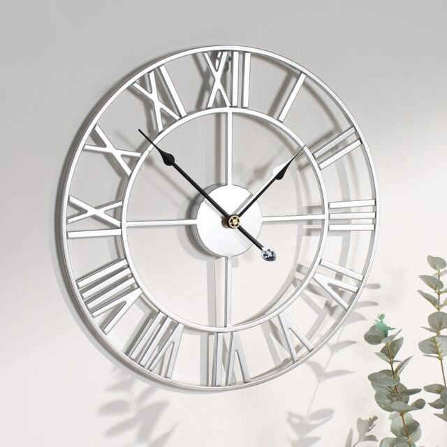 OHS Large Wall Clock Roman Numerals Skeleton Big Open Round Face in Silver - image 1