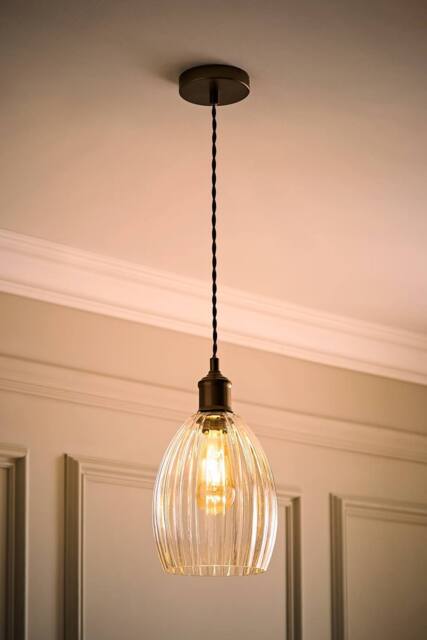 ValueLights Cheltenham Clear Ribbed Glass Dome Pendant Ceiling Light with Bulb in Bronze - image 1