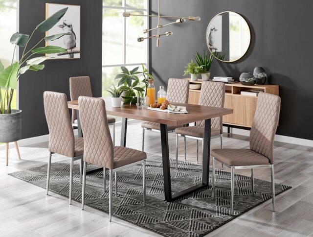 FurnitureboxUK Kylo Large Brown Wood Effect Dining Table & 6 Milan Chrome Leg Faux LeatherChairs in Beige - image 1