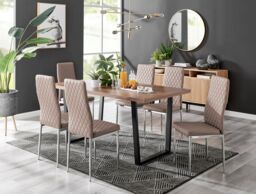 FurnitureboxUK Kylo Large Brown Wood Effect Dining Table & 6 Milan Chrome Leg Faux LeatherChairs in Beige - thumbnail 1