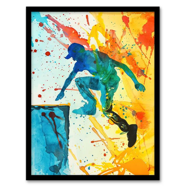 "Artery8 Parkour Jump Urban Sport Colourful Paint Splat Framed Wall Art - Size: W12"" x H16""" - image 1