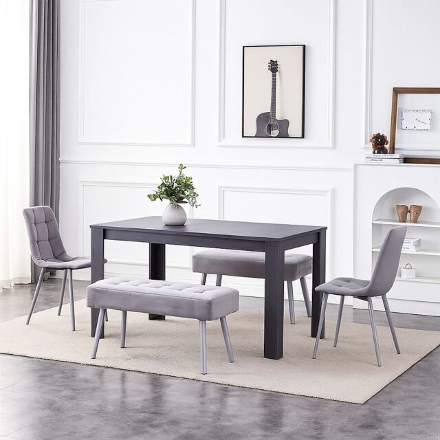 KOSY KOALA Modern Dark Grey Dining Table Set with 2 Grey Velvet Chairs & 2 Grey Benches in Brown - image 1