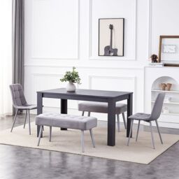 KOSY KOALA Modern Dark Grey Dining Table Set with 2 Grey Velvet Chairs & 2 Grey Benches in Brown