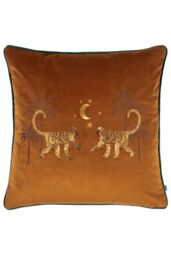 Wylder Tropics Dusk Monkey Embroidered Piped Velvet Cushion in Orange - Size: 50 cm x 50 cm