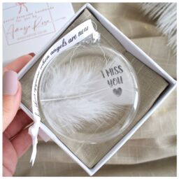 Amaya Rose Ltd In Memory of I Miss You Feather Round Bauble Gift Boxed. Memorial in Clear - thumbnail 1