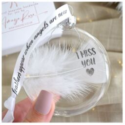 Amaya Rose Ltd In Memory of I Miss You Feather Round Bauble Gift Boxed. Memorial in Clear - thumbnail 2