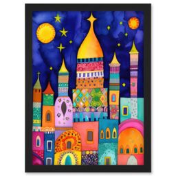 Artery8 Islamic Cityscape Moonlight Mosque Folk Art Artwork Framed Wall Art Print A4 in Black - thumbnail 1