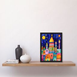 Artery8 Islamic Cityscape Moonlight Mosque Folk Art Artwork Framed Wall Art Print A4 in Black - thumbnail 2