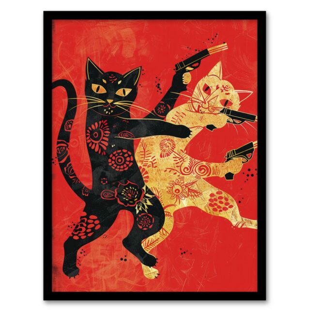 Artery8 Wall Art Print Cat Fight Fun Lover Red Black Japanese Style Art Framed Poster - Size: A4 - image 1