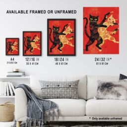Artery8 Wall Art Print Cat Fight Fun Lover Red Black Japanese Style Art Framed Poster - Size: A4 - thumbnail 3