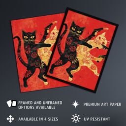 Artery8 Wall Art Print Cat Fight Fun Lover Red Black Japanese Style Art Framed Poster - Size: A4 - thumbnail 2