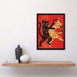 Artery8 Wall Art Print Cat Fight Fun Lover Red Black Japanese Style Art Framed Poster - Size: A4 - thumbnail 4