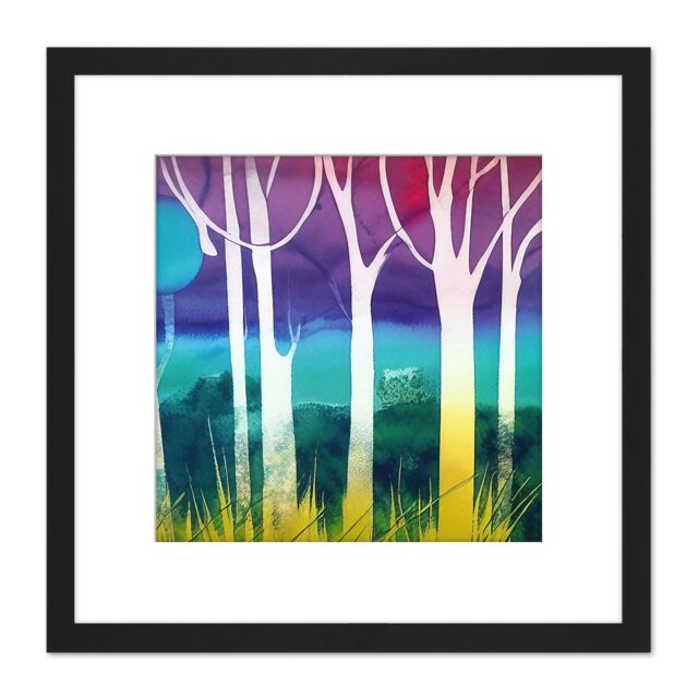 Artery8 Jungle Forest Multicoloured Bright Modern Abstract Tree Pastel Watercolour Painting Square Wooden Framed Wall Art Print Picture 8X8 Inch - image 1