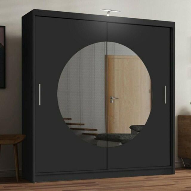 Sliding Wardrobes 4U Circle Mirror Sliding Door Wardrobe with LED Light 150cm X 217cm in Black - Size: 150 cm X 217 cm - image 1