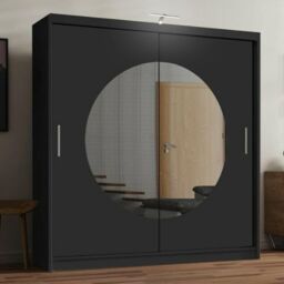 Sliding Wardrobes 4U Circle Mirror Sliding Door Wardrobe with LED Light 150cm X 217cm in Black - Size: 150 cm X 217 cm - thumbnail 1
