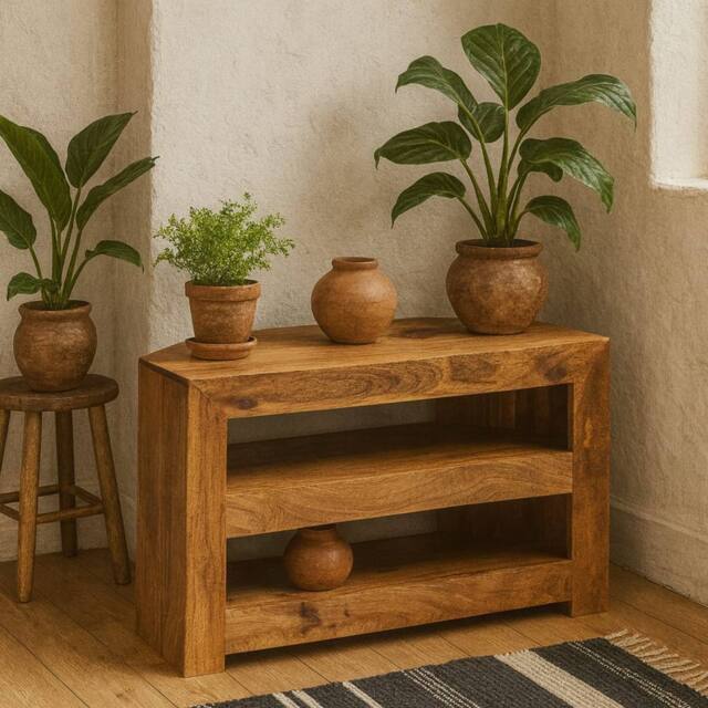 Wyld Haus Manila Corner TV Unit Light Mango Wood Open Two Shelf in Brown - image 1