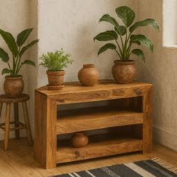 Wyld Haus Manila Corner TV Unit Light Mango Wood Open Two Shelf in Brown