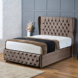"BSSPOKE Bella Ottoman Divan Bed Plush Velvet 54""Headboard &Footboard Mattress in Taupe - Size: Super King"