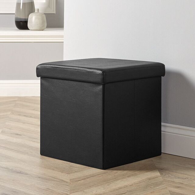 Home Source Folding Ottoman Chest Black Faux Leather Solid Sturdy Storage - image 1
